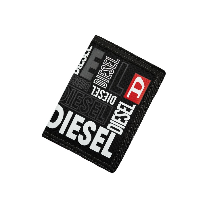 Portofel Diesel Unisex tip Oxford compartimentat pentru buletin, bancnote, carduri si monede, Negru
