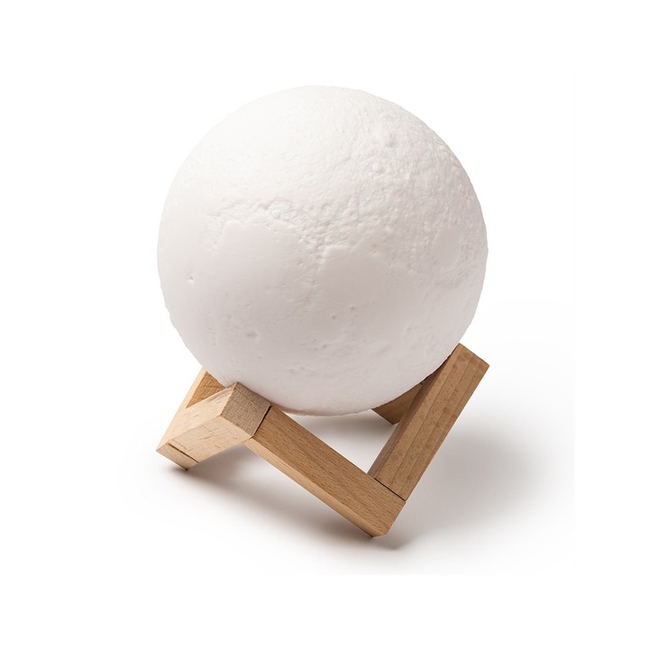 Lampa Luna Portabila cu Boxa Wireless, Createur, Alb si Maro, Plastic si lemn, Iluminare si sunet design unic