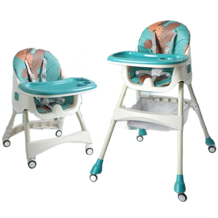 Столче за хранене 4 в 1 KinderVibe™ 6 месеца +, Многофункционален, Сгъва се, Подвижна тава, Миещ се калъф, Колела за транспорт, 5 точков предпазен колан, Регулируема, Кошница за съхранение, Illusion Blue