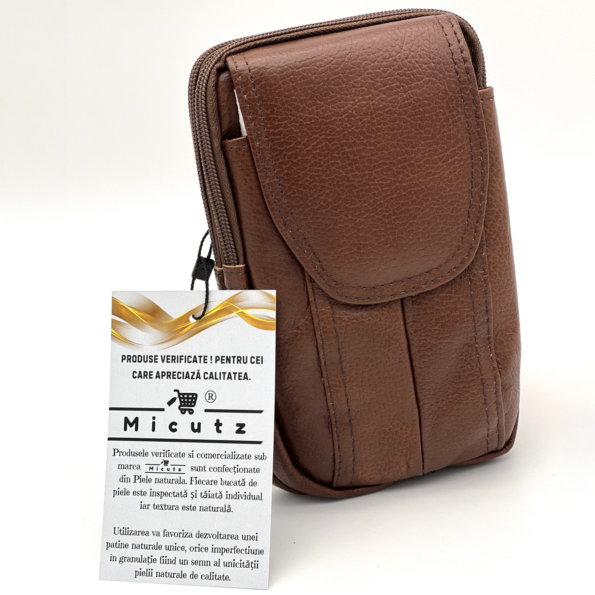 Borseta Curea Coffee cu Compartiment Telefon, Micutz®, Piele