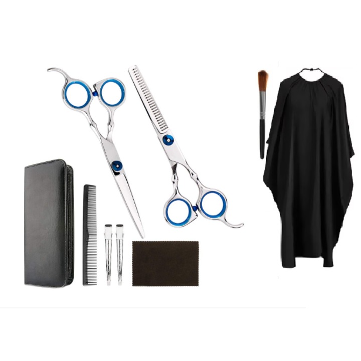 Set foarfeca de tuns si filat profesional model marime 6" cu husa piepten, pelerina neagra si pamatuf pentru frizerie salon coafor