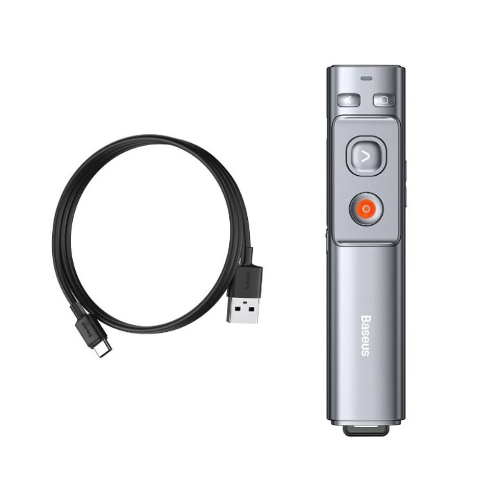Лазерна показалка за презентации, безжична, с Type-c-USB адаптер и Type-C зареждане, 100m обхват, съвместима с Windows, Apple OS, Android и Linux, сив цвят
