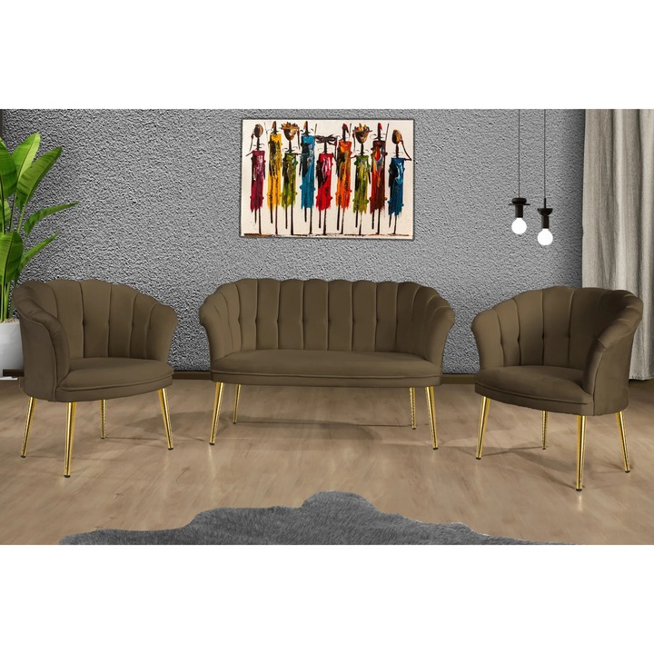 Set canapea, London Queen Coffee, Maro, canapea 2 locuri si 2 fotolii, tapitat catifea, cadru lemn, picioare metal auriu