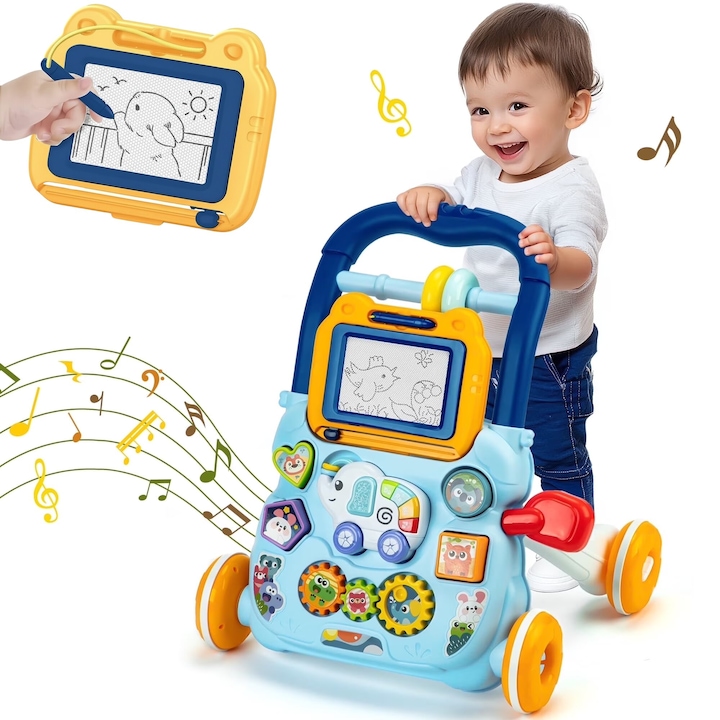 Antemergator Multifunctional 2 in 1, LittleSteps KinderVibe™, cu Activitati Interactive, Tabla Detasabila de Desenat, Sortator cu Forme, Panou Interactiv Detasabil, Roti Antiderapante, Blue Breeze