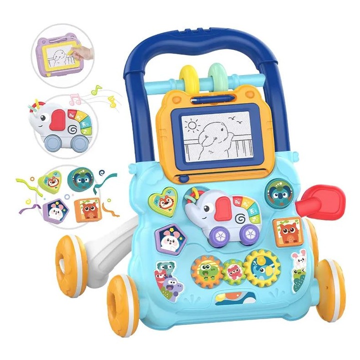 Проходилка 2-в-1 LittleSteps KinderVibe™, Многофункционална, За дете до предучилищна възраст, Интерактивни дейности, Подвижна дъска за рисуване, Сортиране на фигури, Отделящ се интерактивен панел, Неплъзгащи се колела, Син бриз