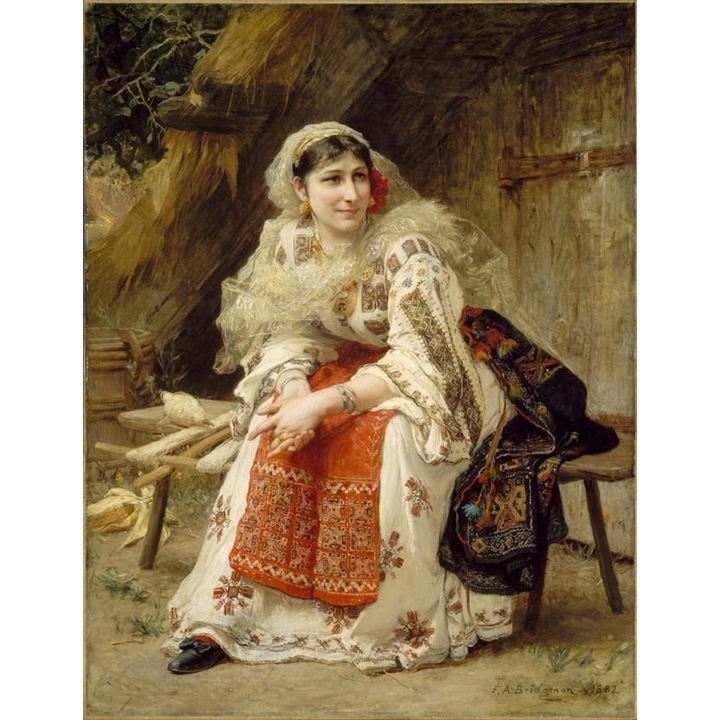 Tablou cu rama de lemn GM057, Taranca romanca, dupa Franciszek Ejsmond, Pictura cu Diamante, Goblen cu pietre 5D, 50 x 40 cm - Krista®