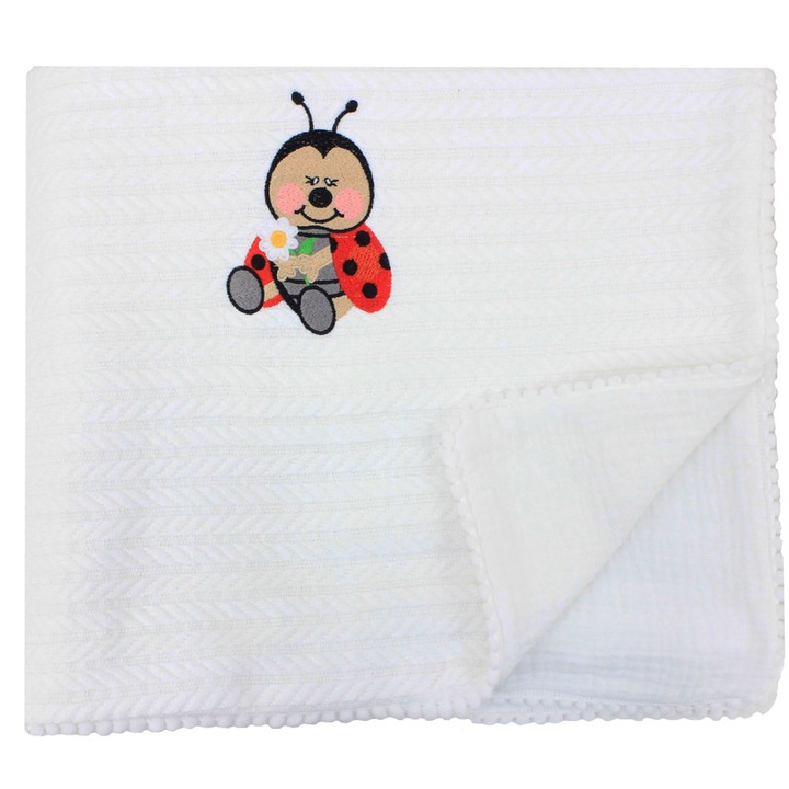 Paturica tricotata, Anna, verso muselina, cu mamaruta si ciucuri, alb, 100x80 cm