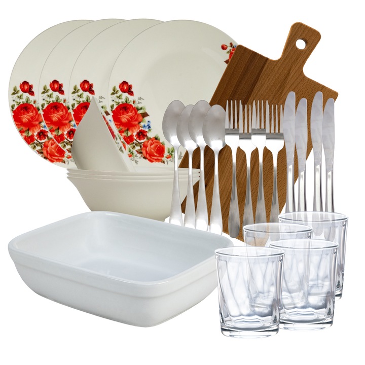 Set complet de masa, Red Rose, 26 piese, Portelan, Alb lucios cu trandafir rosu