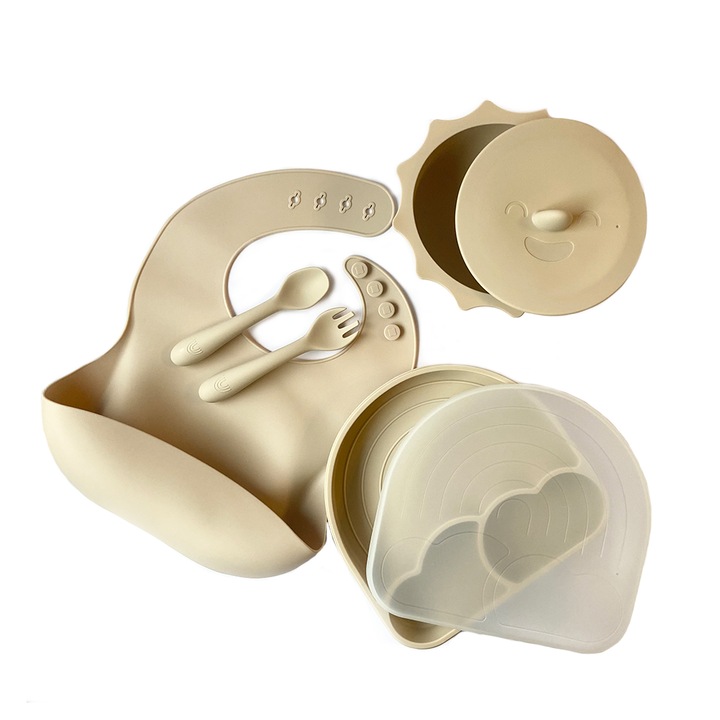 Bunny Dorothy, Szilikon 5db baba etetőkészlet, 6m+, Szivárvány, tányér, tál, kanál, villa, előke, BLW, ajándék babának, Bézs