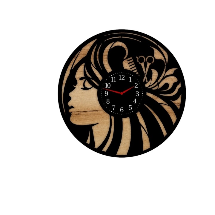 Ceas decorativ perete coafor, Lemn, Negru/Natur, 120 cm