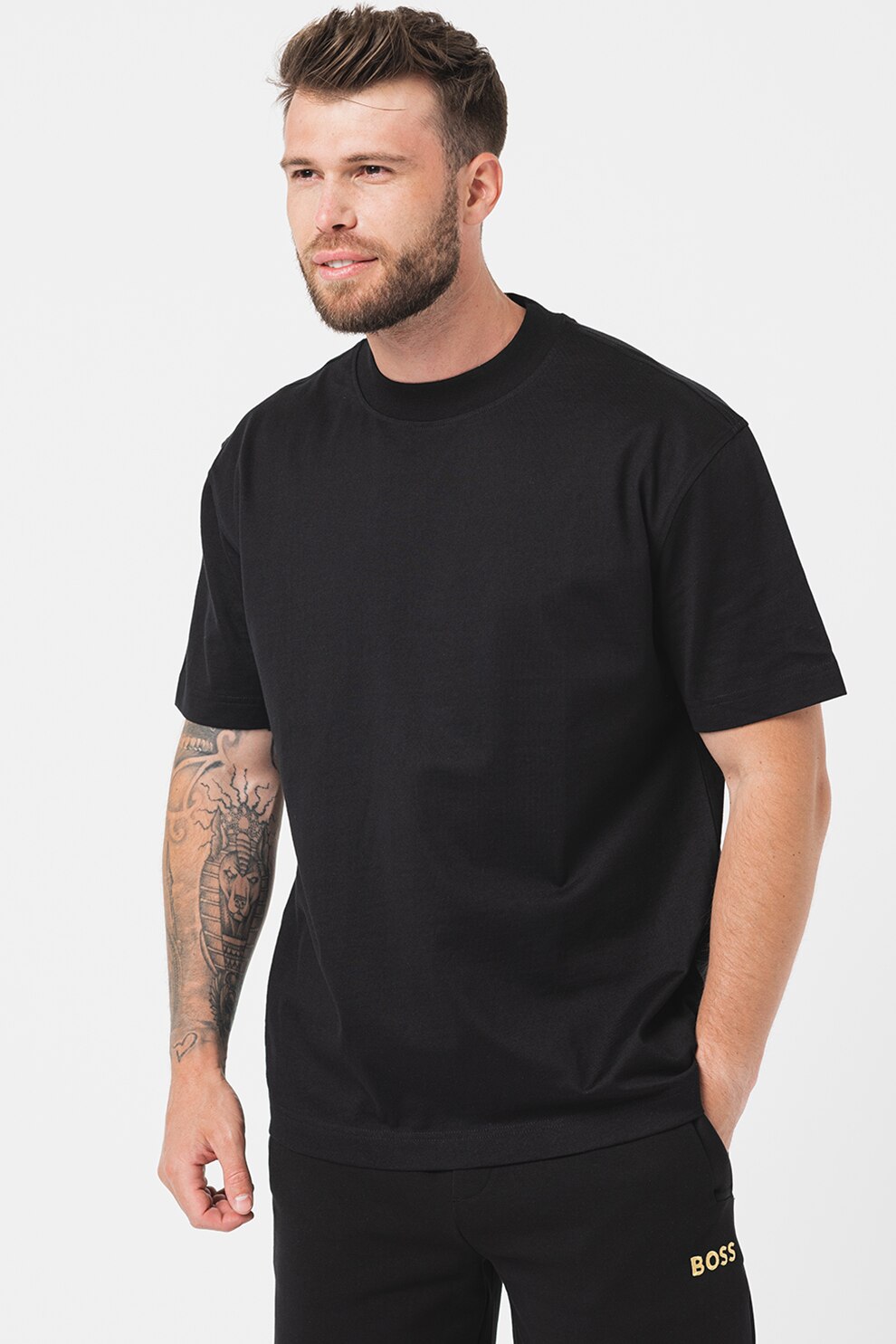 BOSS, Tricou din bumbac cu decolteu la baza gatului Timm, Negru, L