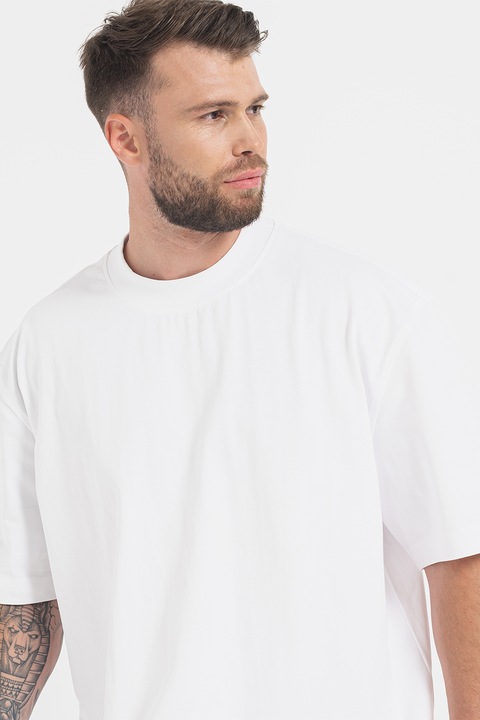 BOSS, Tricou din bumbac cu decolteu la baza gatului Timm, Alb