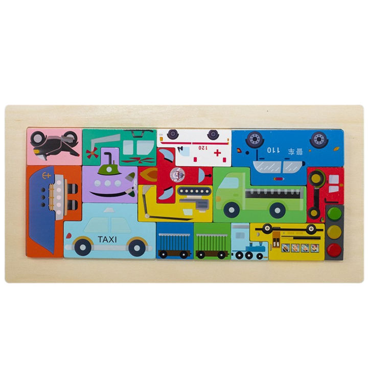 Oktató jellegű, a mindennapi életben fellelhető közlekedési eszközöket ábrázoló fa puzzle, 16 db