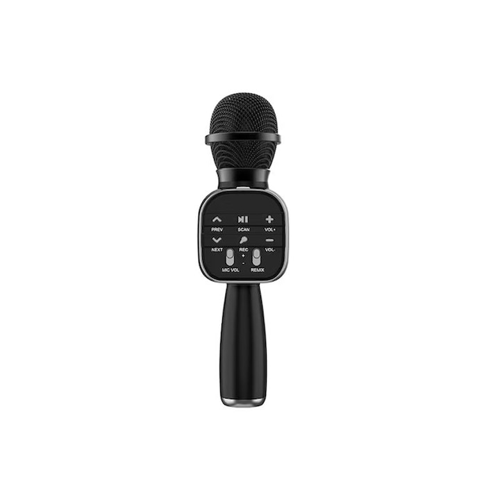 Microfon Wireless Karaoke Impact Vision® fara fir, cu acumulator, boxa inclusa, Radio FM, TF card, USB, inregistrare muzica, culoare Negru