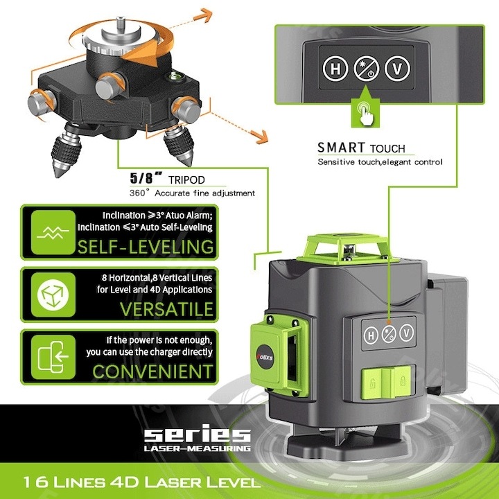 Nivela Laser 4D, Folixs®, Profesionala, 16 linii, 4x360º, IP-54, Precizie milimetrica, 515 nm dioda laser, ± 3° domeniu lucru 30 m, cu Telecomanda, Negru/Verde
