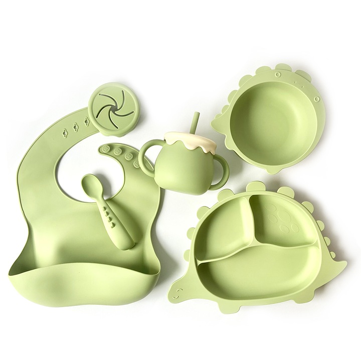 Hazelnut, Szilikon 5db baba etetőkészlet, 6m+, Dinoszaurusz, tányér, tál, kanál, előke, 2 az 1-ben ivó- és uzsonnás bögre, BLW, ajándék babának, Zöld