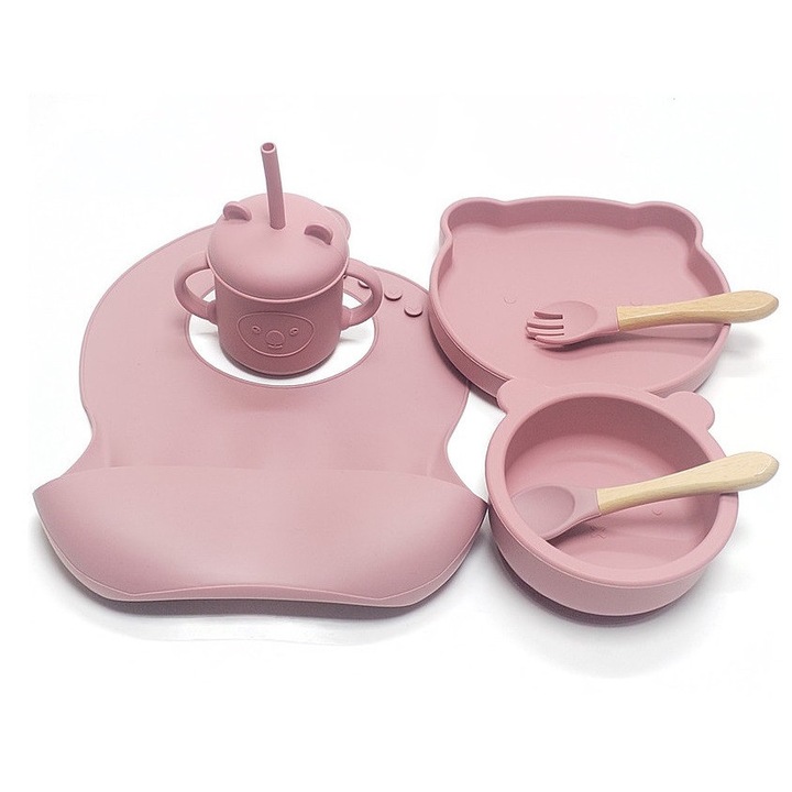 Set hranire bebelusi si copii QuTek, pentru diversificare din silicon BPA free, 6+ luni, farfurie, bol, bavetica, tacamuri, canuta cu pai, roz