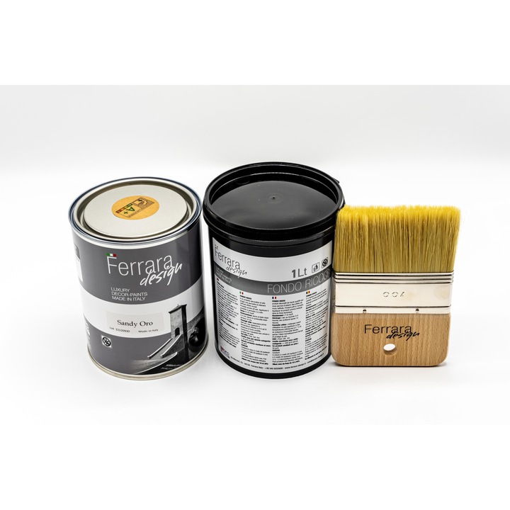 Set de 3 buc, vopsea decorativa Sandy auriu 1l + amorsa speciala Fondo RICCO 1l + pensula Ferrara Design