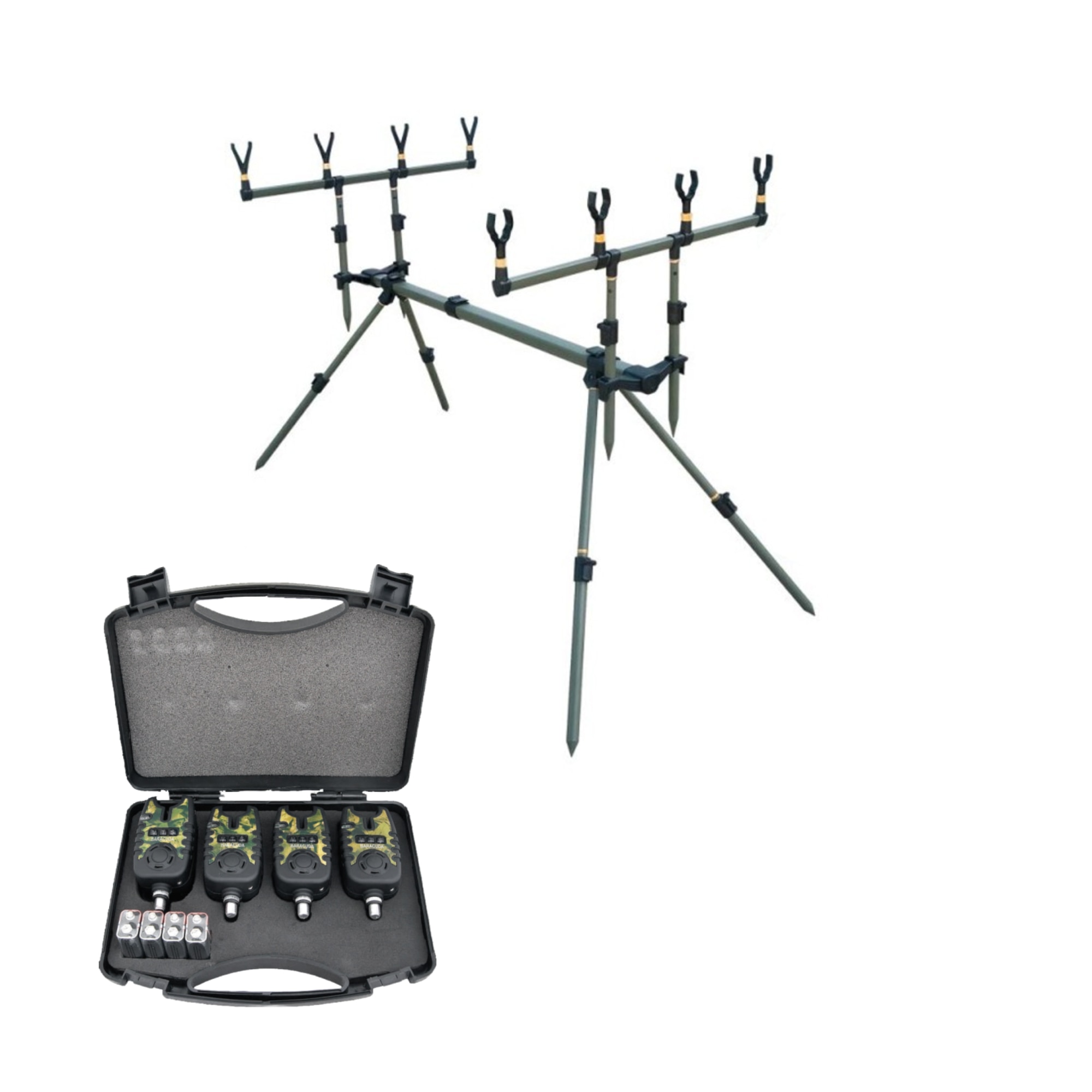 Set Pescuit Feeder Crap Rod Pod cu 4 Posturi si Set 4 Avertizoare cu