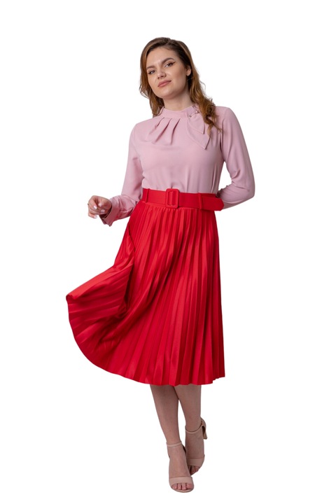 Fusta office plisata rosu cu centura in talie, Poliester,40-44 EU
