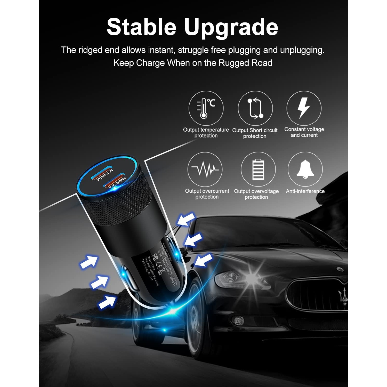 ZAFIT™ autós töltő Type C kábellel, 60 W szupergyors töltés, 2 x Type C ...