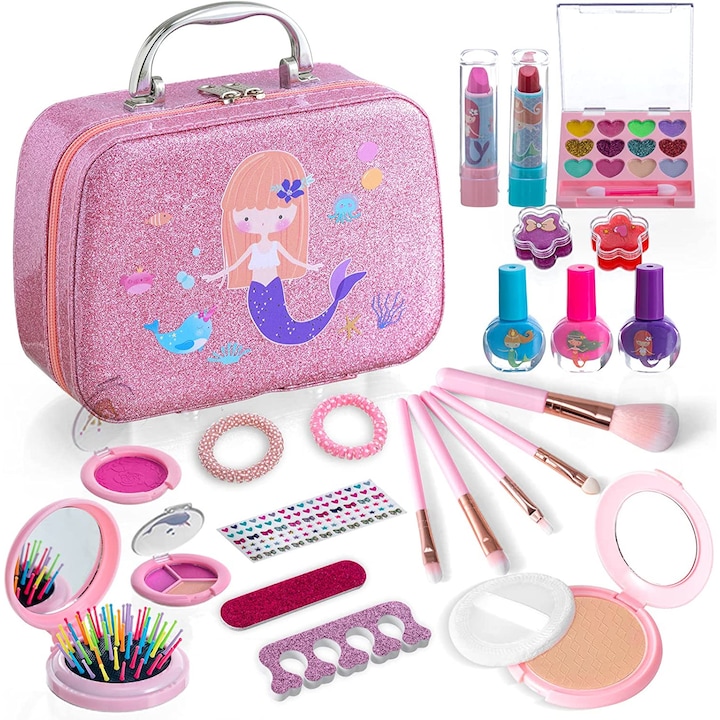 Set Trusa de machiaj Sirena pentru copii, 24 accesorii, geanta, roz