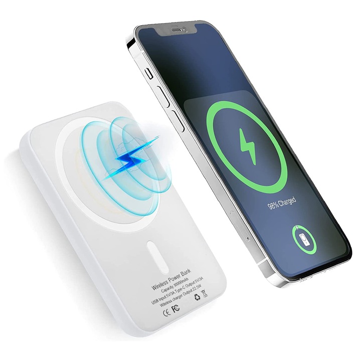 Магнитно безжично зарядно устройство MagSafe, съвместимо с iPhone, PowerBank Ultra Portable, 10000 mAh, бързо зареждане, SONORH®, 15/22,5 W защита, БЯЛО