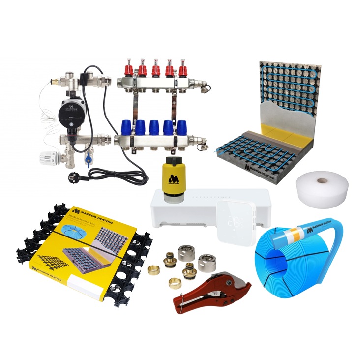 Kit incalzire prin pardoseala cu agent termic, sistem Slimfit pentru sapa autonivelanta Magnum Heating, grosime 14mm + Grup de mixare si automatizare WIFI, 30m²