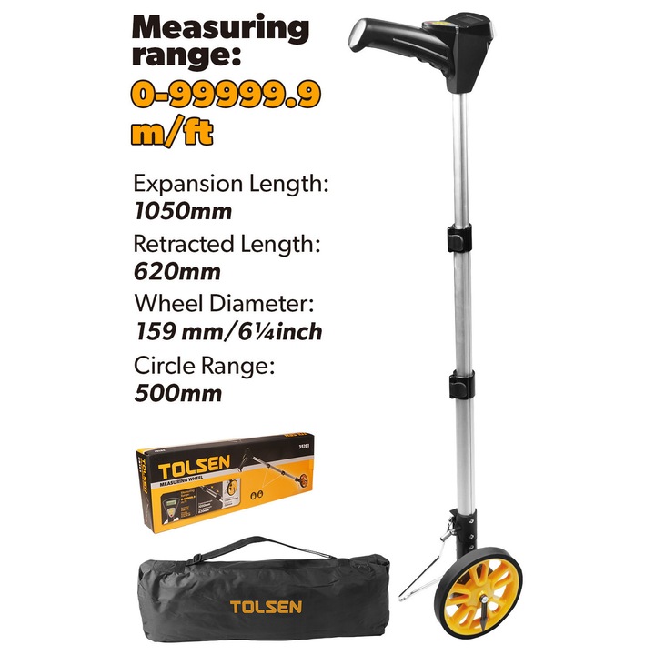 Roata de masurat distante digitala TOLSEN 0–10000m, diametru roata 159mm, afisaj iluminat cu functie memorie, precizie ±0.5%, maner aluminiu retractabil, unitati m/ft, baterii incluse