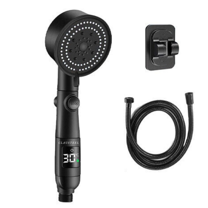 Set de Dus inteligent cu afisaj digital al temperaturii, Cap de dus de inalta presiune cu Suport si Furtun incluse si 5 moduri de functionare, negru