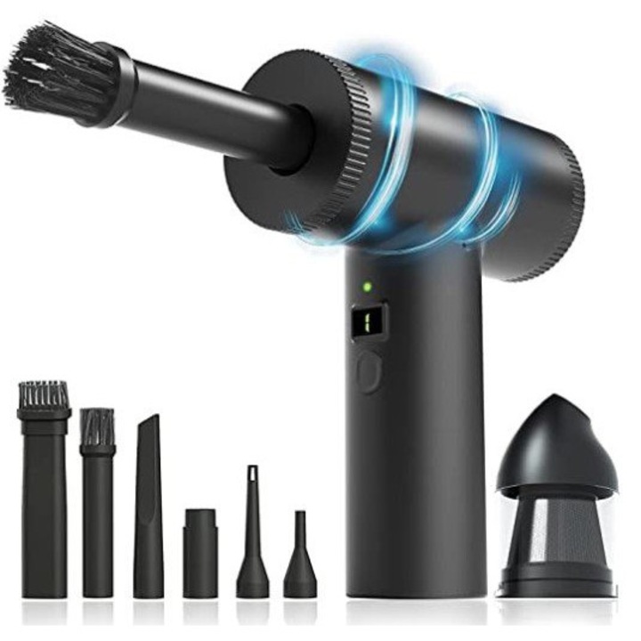 Suflanta aer, portabil, ecran LCD, 2 in 1, functie de aspirare, fara fir, 9000 RPM, indepartare praf PC, Obiective camera, Automobil, Aer conditionat, Jaluzele, Tastatura, Imprimanta, Saltea gonflabila, negru, incarcare USB-C, 6000 mAh, 90 W