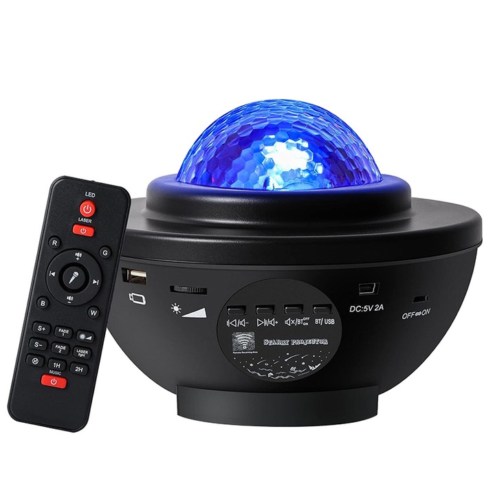 Lampa de Veghe Tip Proiector, 21 de Moduri de Lumina, Redare Muzica prin Bluetooth, Temporizator, VIELLAN, Negru