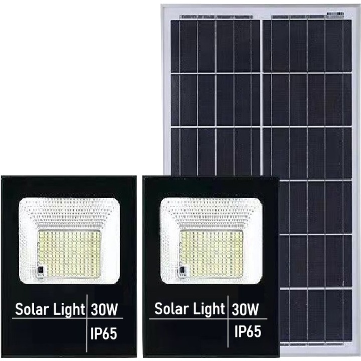 Set 2 proiectoare LED SMD 30W cu incarcare solara Flippy, panou solar, cu telecomanda, suport prindere, material ABS, 1.2AH, 114 LED-uri, 13x13.5 cm, negru
