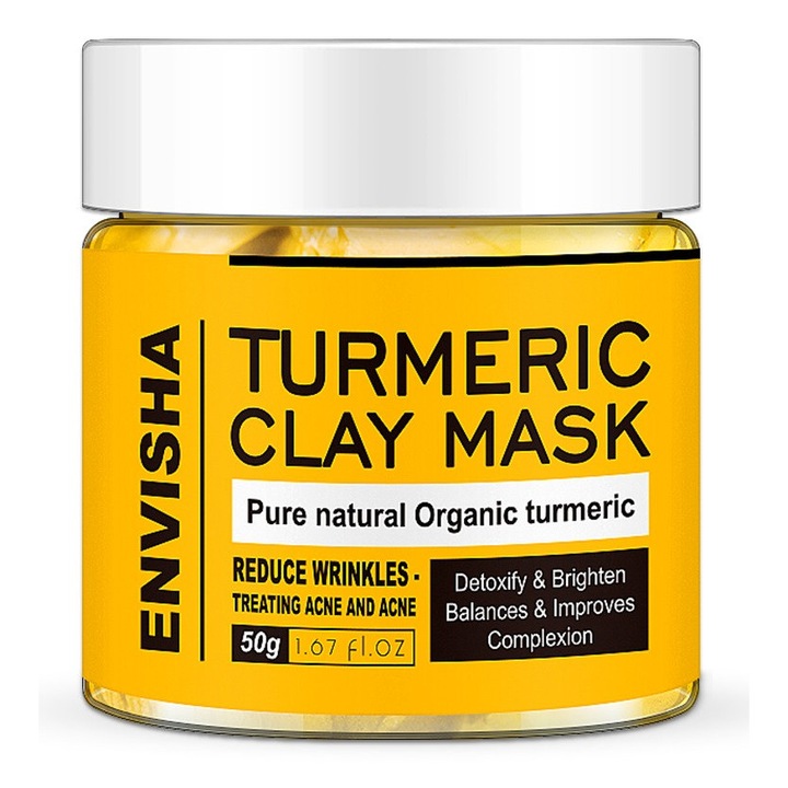 Masca Cu Turmeric Si Argila, Envisha, Pentru Iluminare, Combaterea Acneei, Rozacee Si Cearcane, Curatare Profunda, Regenerare, Formula Naturala, Potrivita Pentru Ten Sensibil Si Gras, Textura Usoara, Aplicare Facila, 50 g, Natur
