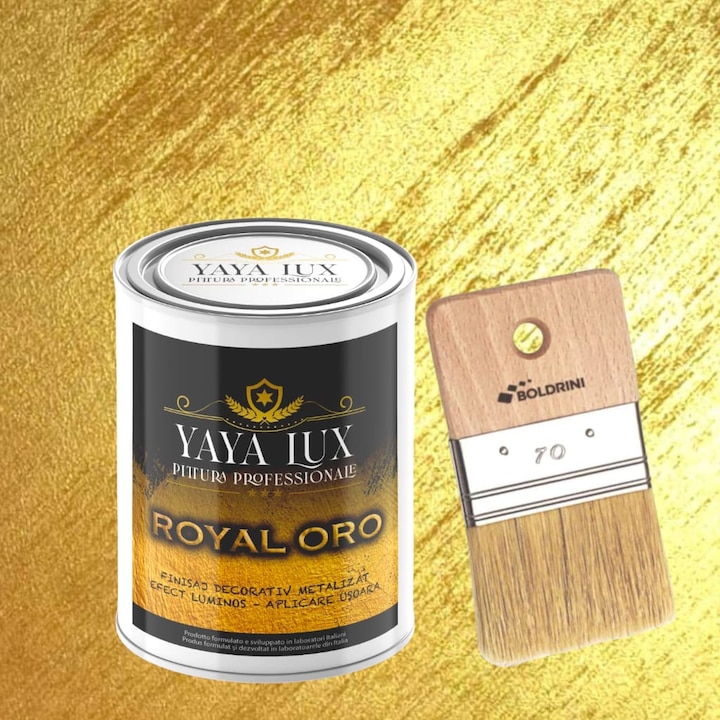 Set Vopsea Decorativa de Lux, Metalizata, Royal Oro, Auriu 1 L si Pensula 70 mm