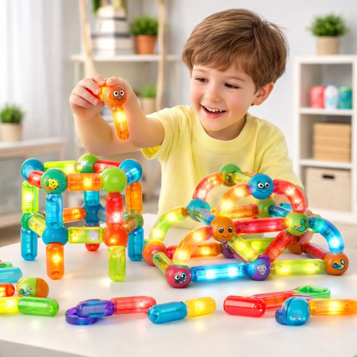 Blocuri Magnetice idealStore StiksMag, 52 Elemente, cu Lumini, Se pot crea Multiple Figuri si Cladiri, Piese de dimensiuni Mari, Dezvolta Abilitatile Manuale, Abilitati Motorii Fine, Imaginatia Spatiala