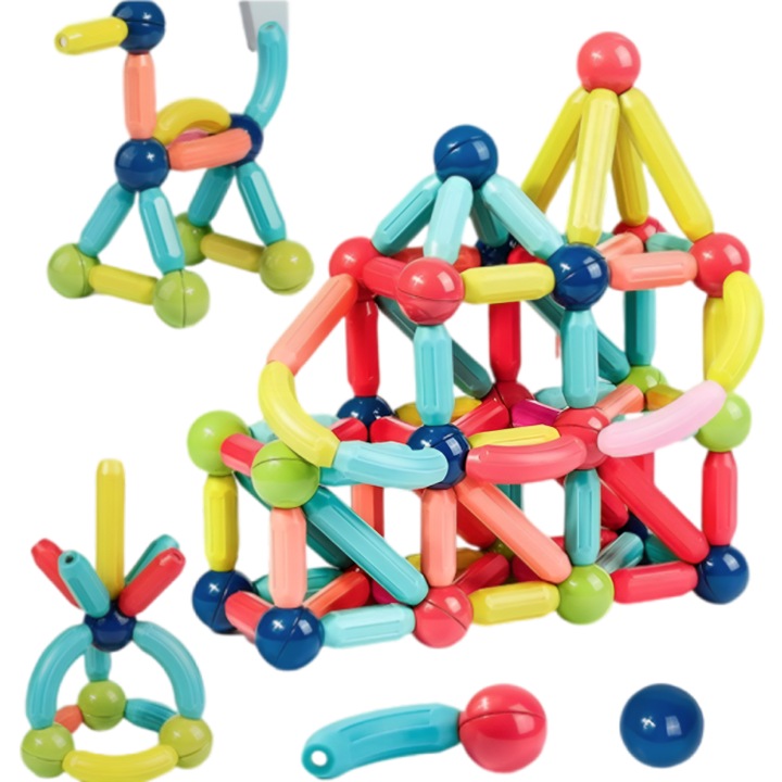 Blocuri Magnetice idealStore StiksMag, 102 Elemente cu Lumini, Se pot crea Multiple Figuri si Cladiri, Piese de dimensiuni Mari, Dezvolta Abilitatile Manuale, Abilitati Motorii Fine, Imaginatia Spatiala