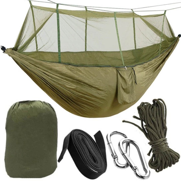 Függőágy 210T nylon szúnyoghálóval, 200 kg, 260 x 140 cm, sötétzöld