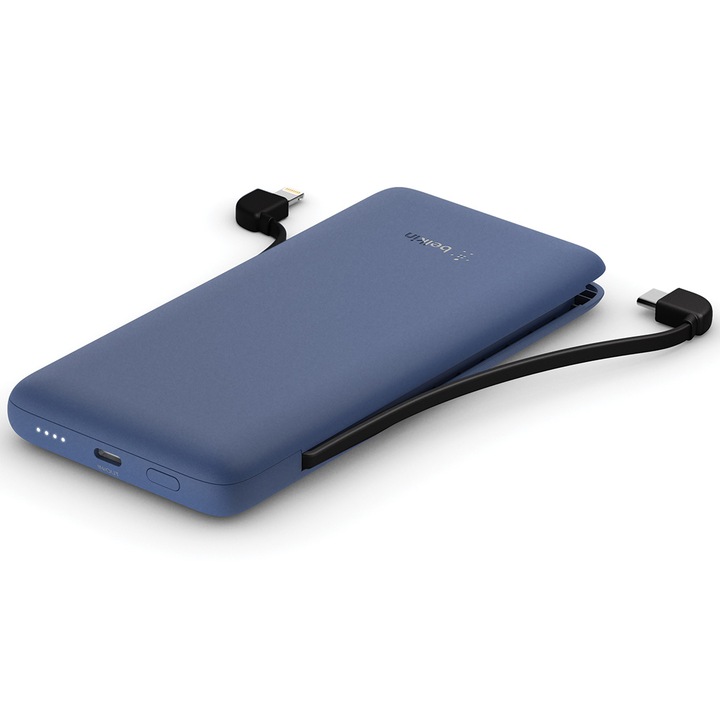 Acumulator extern Belkin Boost Charge PLUS 10000 mAh USB-C cu cabluri integrate, Albastru