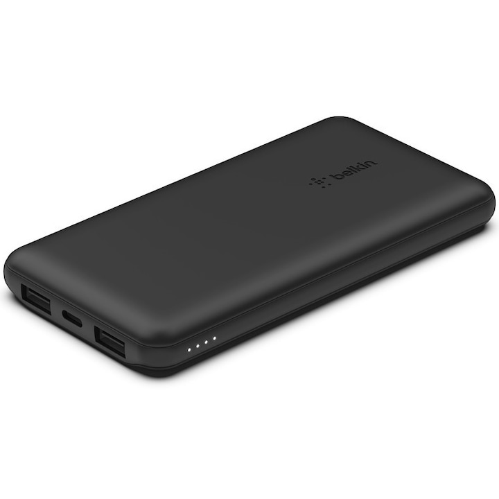 Външна батерия Belkin Boost Charge 10000 mAh с USB-C 15W - USB-A Double - USB-A към USB-C кабел от 15 см, Черен