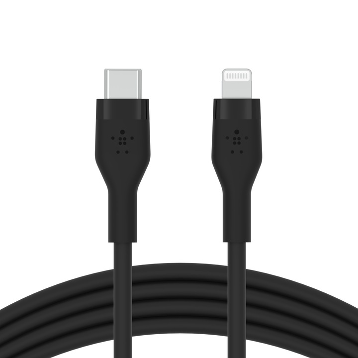 Cablu de incarcare Belkin, Boost Charge Flex, Silicon, USB-C la tip Lightning, 3M, Negru