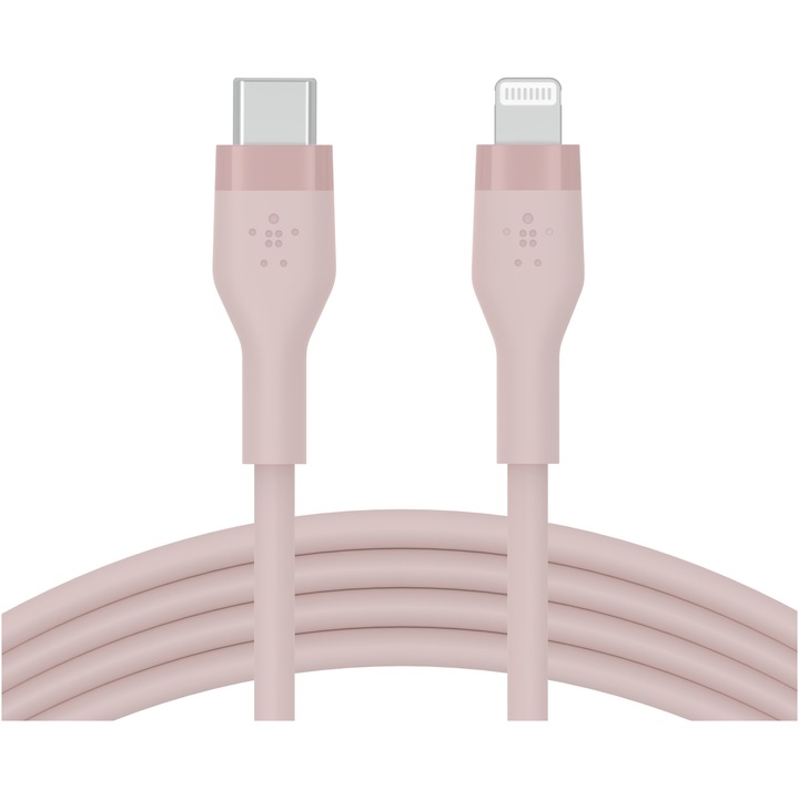 Cablu de incarcare Belkin, Boost Charge Flex, Silicon, USB-C la tip Lightning, 2M, Roz