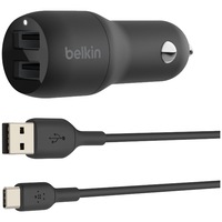 Incarcator auto Belkin, Boost Charge, Dual, USB-A 24W + cablu USB-A LA USB-C, Negru