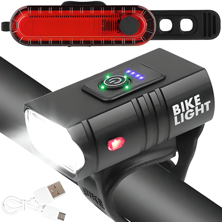 Комплект LED велосипедни светлини, 1600 лумена, 2400 mAh, функция Powerbank, IP45, 10 режима на осветление, USB акумулаторна, черна/червена