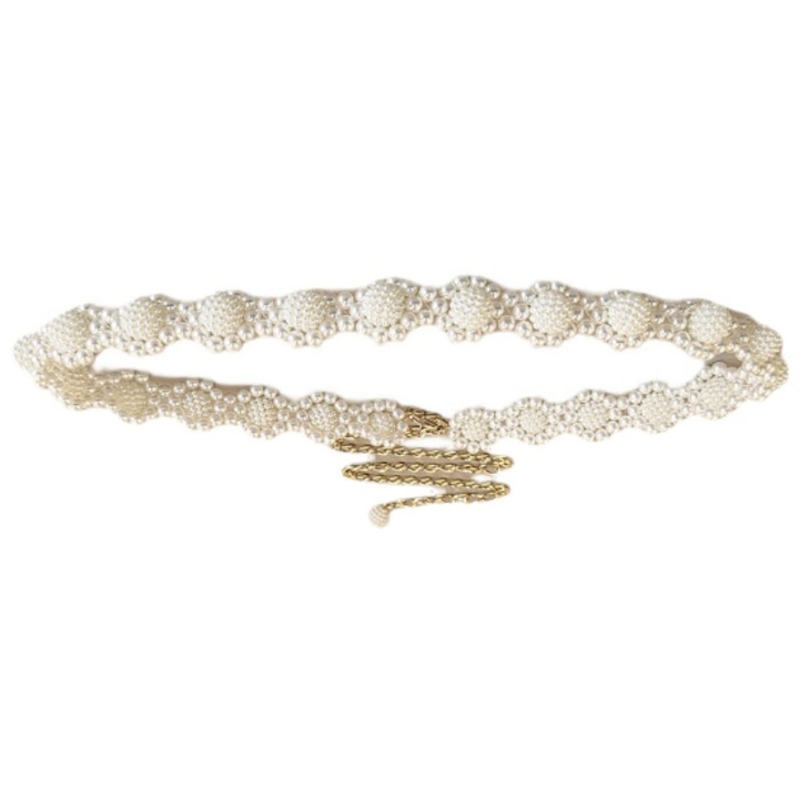 Elegáns öv MyPearl, CRM, arany lánchosszabbítással, fehér, 105 cm