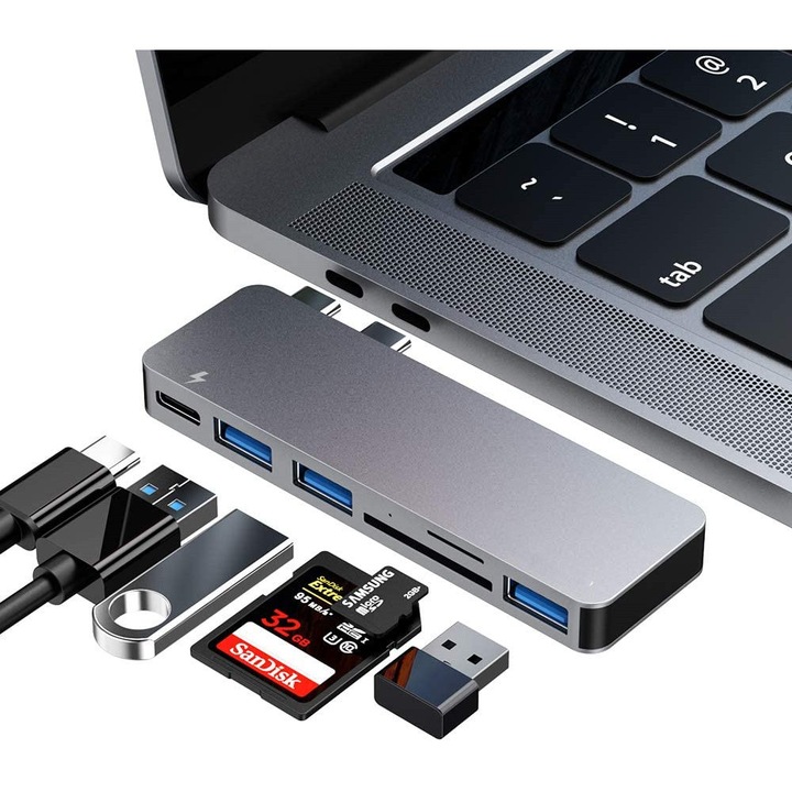 Адаптер USB C Hub за MacBook Pro/Air 2020 2019 2018, ZmdecQna, 3 USB 3.0 порта, сив
