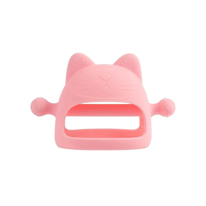 Бебешка играчка за зъби, хранителен силикон, форма на котка, QuTek, розова