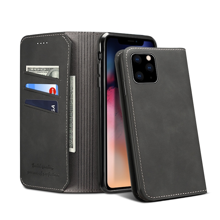 Husa telefon compatibila cu Iphone 7, cu buzunar carduri, Flip Cover, Piele Neagra