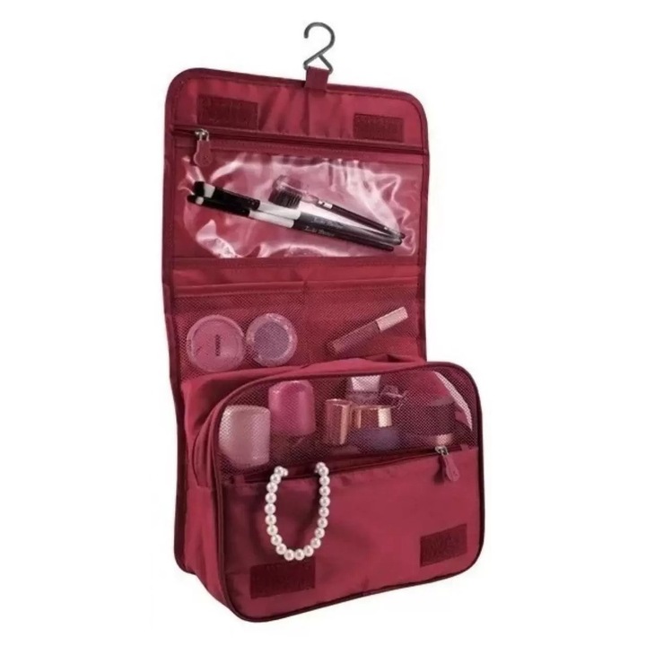 Geanta Cosmetice pentru Depozitat si Transport Produse de Igiena Personala si Farduri, Creme, Ruj, 42 x 24 x 9 cm, Grena, ORIGINAL DEALS