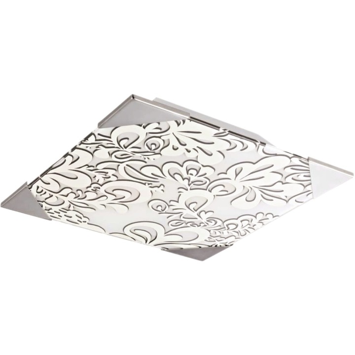 Plafoniera Kamose E27 2x60W Baza Metal Alb Abajur Sticla Patrat cu Desene Alb/Negru si colturi Metal Chrom KLAUSEN